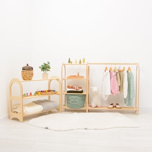 Set of 3 Shelves: Toy Storage + Kid Clothing Rack, Toddler Nursery, Toys Shelf, Montessori Furniture, Open Shelf, Montessori Shelves