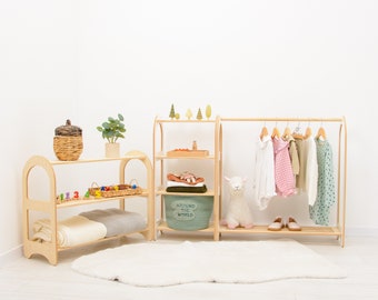 Lot de 3 étagères : rangement pour jouets + portant à vêtements pour enfants, chambre de bébé pour tout-petits, étagère à jouets, meubles Montessori, étagère ouverte, étagères Montessori