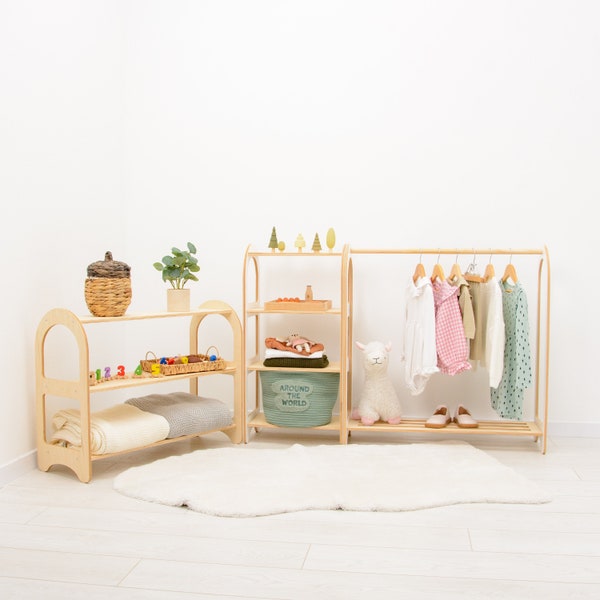 Lot de 3 étagères : rangement pour jouets + portant à vêtements pour enfants, chambre de bébé pour tout-petits, étagère à jouets, meubles Montessori, étagère ouverte, étagères Montessori