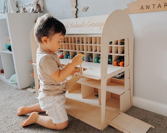 Almacenamiento de coches de juguete, garaje para niños de 3, 4 y 5 años, almacenamiento de coches para bebés, regalo de cumpleaños para niños pequeños, juguetes para niños pequeños, soporte de madera para coches de juguete.