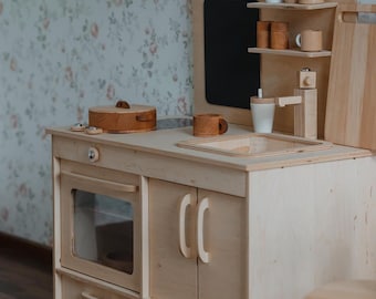 Jugar cocina de madera, muebles Montessori, cocina de juego de simulación de madera, cocina hecha a mano, juguete de cocina para bebés, juguete de madera para bebés, juego de simulación