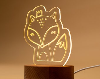 Luz nocturna acrílica Fox, lámpara nocturna personalizada, nacimiento de regalo para bebés, bebé con luz nocturna, decoración de la habitación de los niños, lámpara de noche, luz personalizada