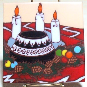 Vintage - 1995 EARTHTONES 6x6 Decorative Ceramic Tile "Christmas" "Light a Candle" by L Kuhne
