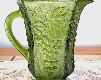 Vtg. 1960's Anchor Hocking, 16 fl. oz. Olive Green Depression Glass Pitcher