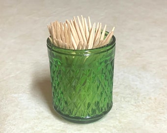 Vintage - Green Glass Diamond Cut Pattern Toothpick Holder, Made in Taiwan