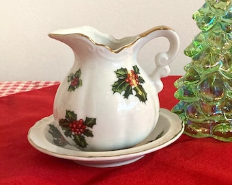 Vintage - Lefton China Holly and Berry Set di lattiera e piattino natalizi