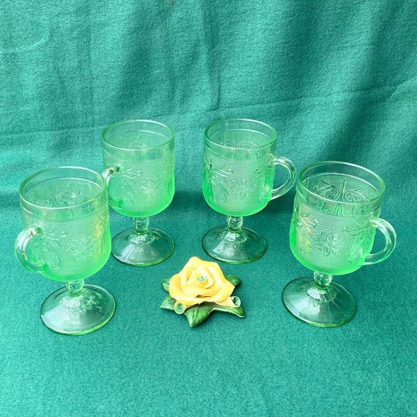 Vintage - 1950's, Four Tiara Chantilly Green Glass Mugs, Indiana Glass