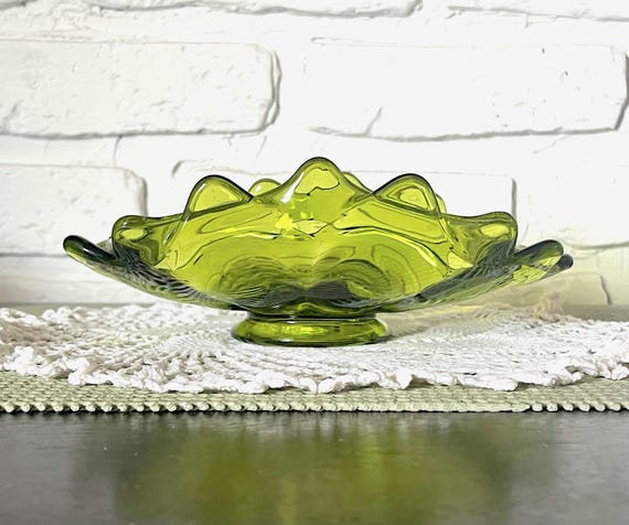 1960's Viking Epic Green Art Glass Ruffled, Pointed Edge, Footed