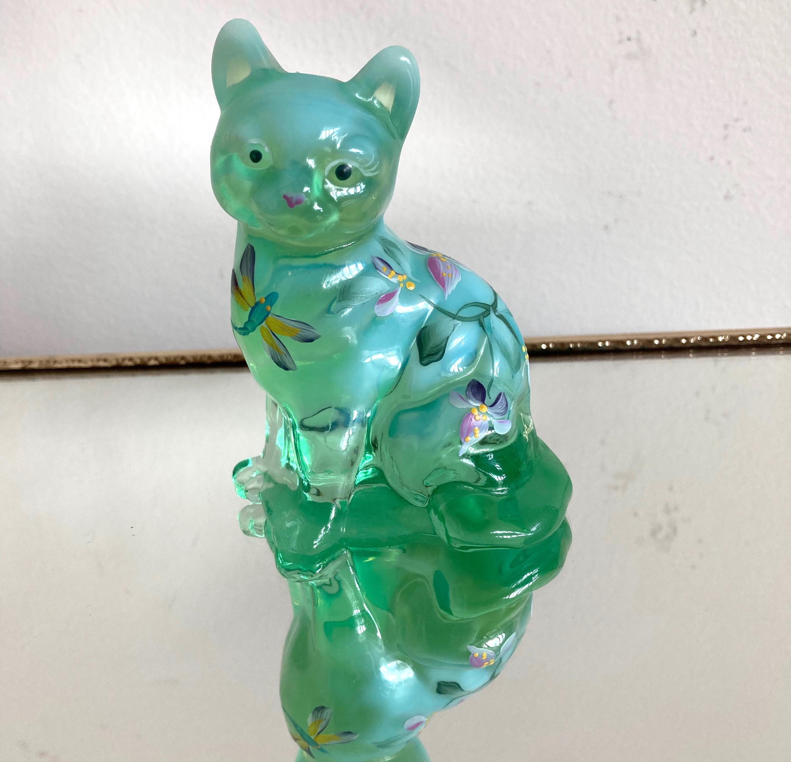 FENTON 花柄 CAT キャット 猫 フェントン ブルーガラス 置物 Fenton Art Glass Hand Painted Cat - Etsy