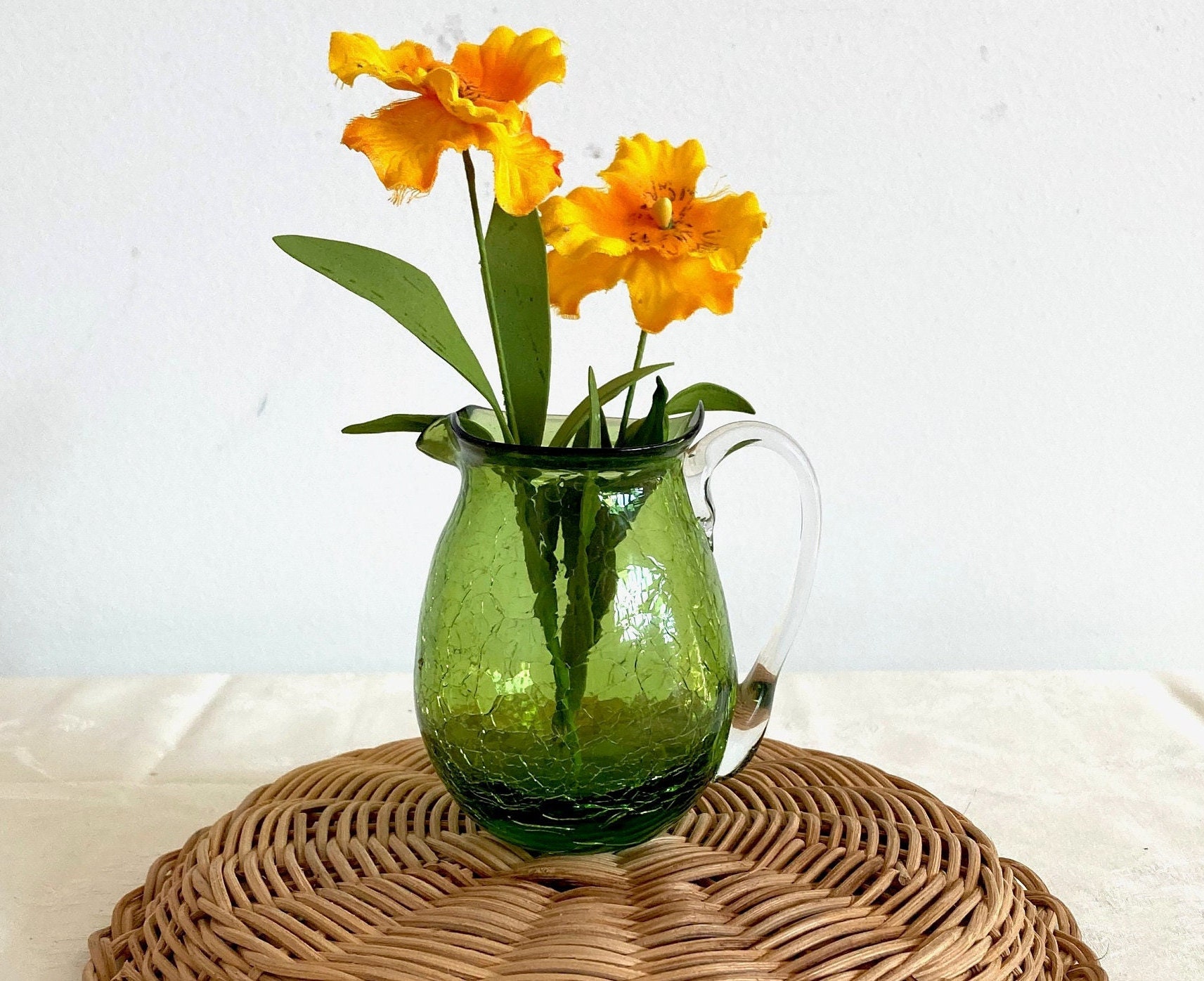 Vtg. Mini lattiera/brocca in vetro verde oliva crackle