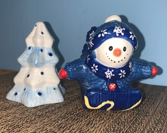 Blue Snowman & Tree Salt -n- Pepper Shakers