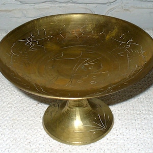 Vtg. Brass Pedestal Serving plate/bowl w/etched design