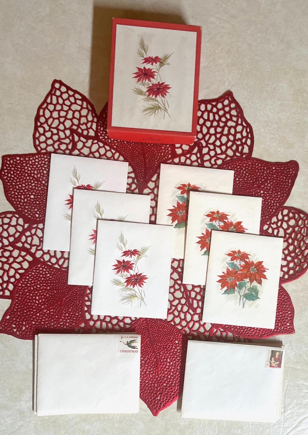 Vtg. Hallmark Box W/6 of 10 Poinsettia Note Cards, Envelopes and ...