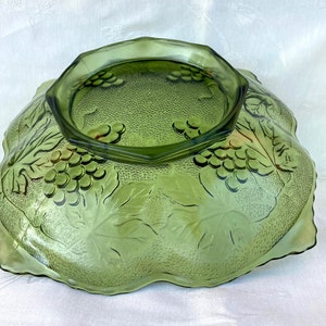 Vintage - Green Indiana Glass, 9" square shaped footed bowl, harvest grape design