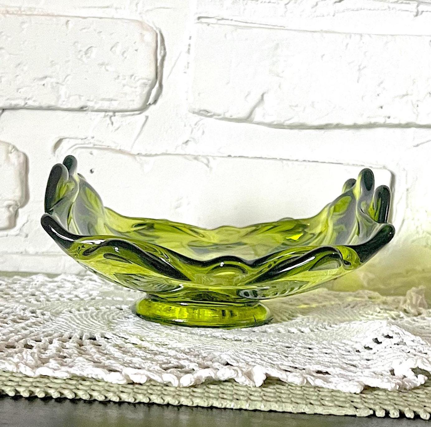 1960's Viking Epic Green Art Glass Ruffled, Pointed Edge, Footed