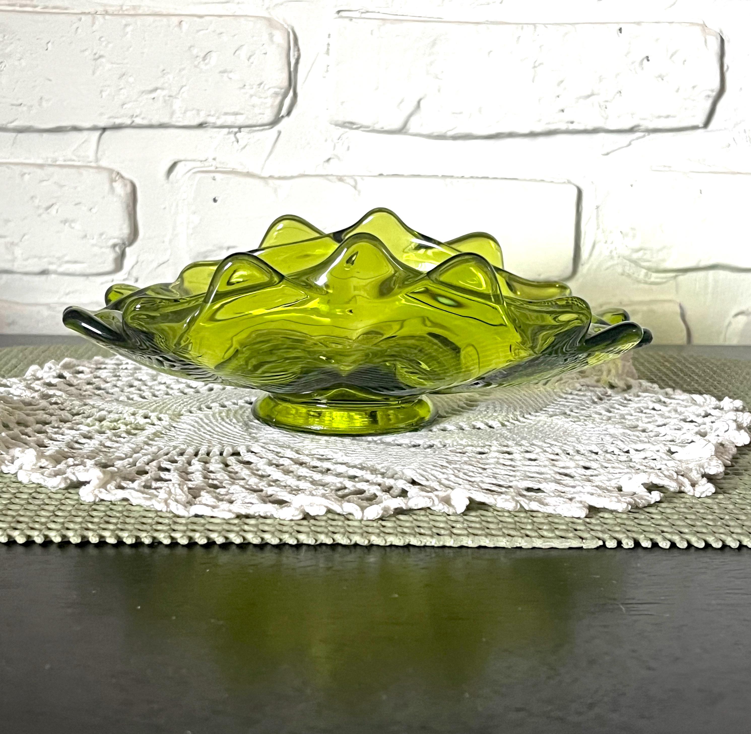 1960's Viking Epic Green Art Glass Ruffled, Pointed Edge, Footed