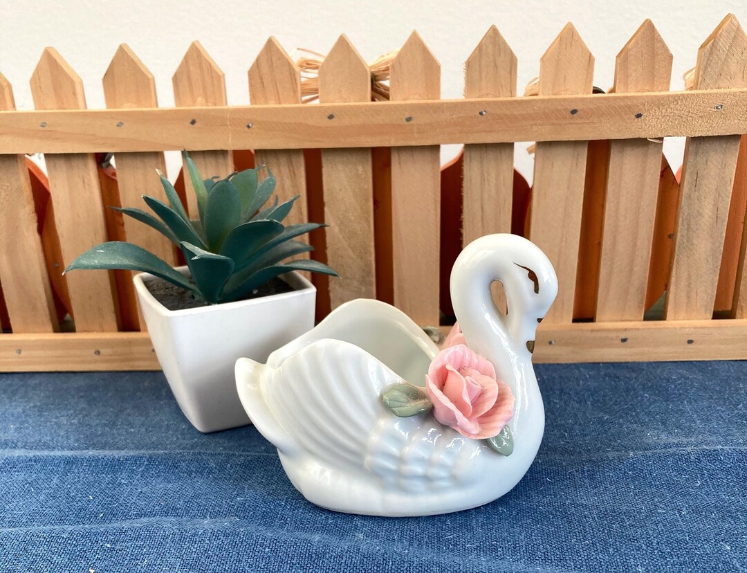 Vintage Ceramic Swan Figurine Trinket Dish Etsy
