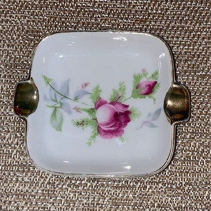 Vintage - square porcelain personal 2 slot ashtray with gold trim & painted rose
