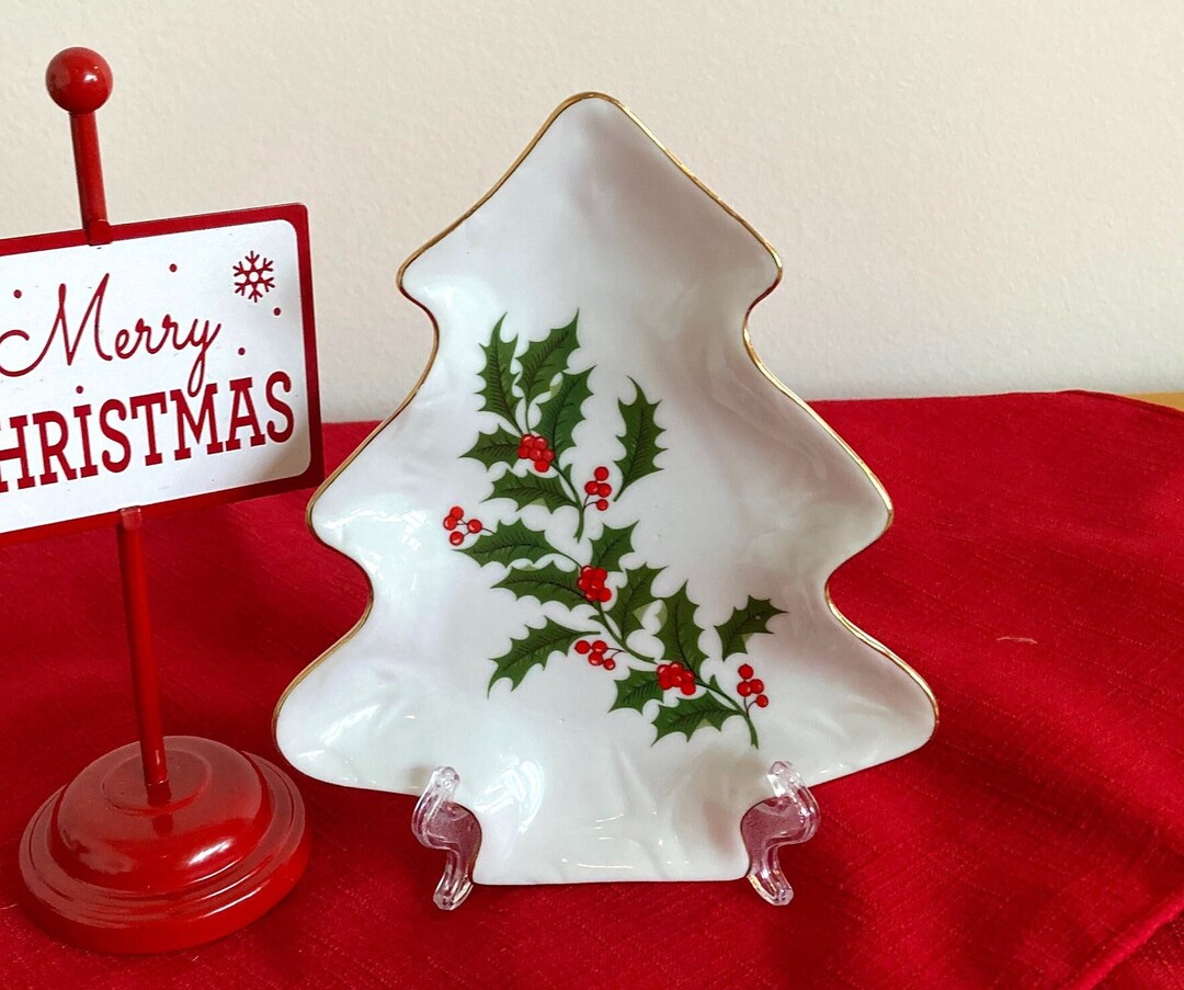 Vintage White Bone China Christmas Tree Shaped Dish W/holly Etsy