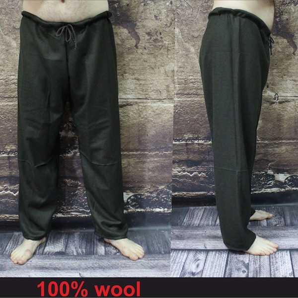 100% wool- thin wool. Simple Viking woolen trousers, machine sewn