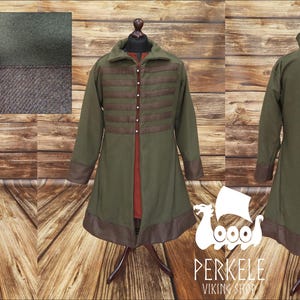 May include: An olive green coat with brown trim and accents. The coat features a high collar, button details, and a long, flowing design. The image also shows a fabric swatch and the logo for Perkele Viking Shop.