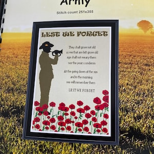 May include: Cross-stitch pattern for a Remembrance Day design featuring a soldier with a bugle, red poppies, and the text "Lest We Forget". The pattern is 251 stitches wide by 355 stitches high.