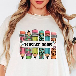Personalized Teacher Shirt: Comfort Colors Tee with Rainbow Pencil Graphic