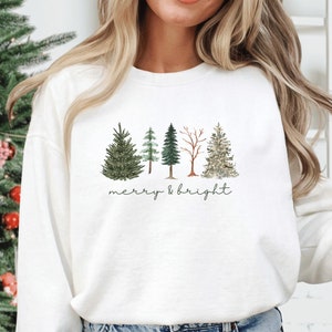 Merry and Bright Trees, Women&#39;s Christmas Shirt, Womans Holiday Shirt,Christmas Gift,Chic Winter Shirt,Cute Holiday Tee,Christmas Tree Shirt