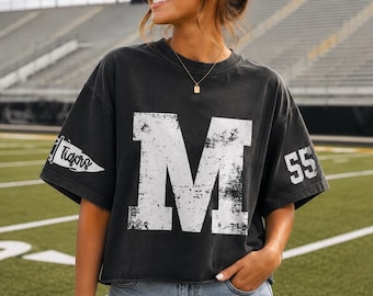 Custom Football Game Day Boxy Tee, Personalized Team Initial Shirt, Comfort Colors Cropped Tee, Custom Mascot Tee, School Spirit Shirt
