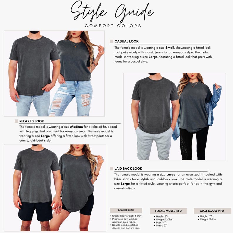 The image is a style guide for comfortable colors, featuring various casual looks and t-shirt types. It includes a section for the "Laid-Back Look" and a section for the "Laid-Back Look" with a focus on oversized t-shirt styles.