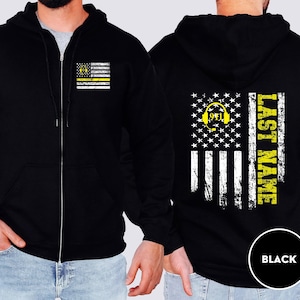 911 Dispatcher Zip Hoodie Thin Yellow Line Sweatshirt Custom Last Name Emergency Operator Gift Patriotic Back Print Jacket