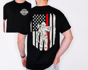 Custom Firefighter T-Shirt: Thin Red Line Flag, Personalized Fire Dept.