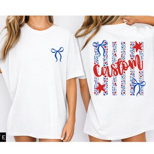 Custom Patriotic Bow Shirt, Personalized Fourth of July Tee, USA Flag Stripe Shirt, Red White Blue Star Tee, Cute America Outfit Top image 1