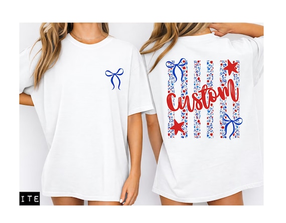 Custom Patriotic Bow Shirt, Personalized Fourth of July Tee, USA Flag Stripe Shirt, Red White Blue Star Tee, Cute America Outfit Top