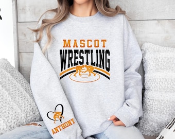 Custom Mascot Wrestling Sweatshirt – Personalized Name on Sleeve – Team Spirit Apparel – Wrestler Gift – Custom Sports Crewneck