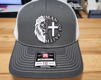 Man of Faith Christian Trucker Hat with Lion and Cross Design Bible Verse