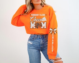 Cheer Mom Sweatshirt with Name | Glitter Cheerleader Spirit Wear | Personalized Team Mom Crewneck