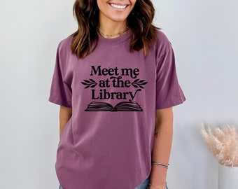 Meet Me At The Library Vintage Scripted Librarian Reading T-shirt, Gift for Book Lover, Librarian Tee, Bookish Tshirt, Library Science