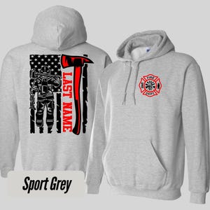Personalized Firefighter Hoodie, Custom Fire Dept Sweatshirt, Fireman Gift, Thin Red Line American Flag Hoodie, Last Name Hoodie