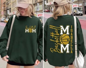 Sweat-shirt pour maman basket-ball personnalisé avec nom | Ras du cou vert personnalisé Game Day | T-shirt cadeau pour maman sportive