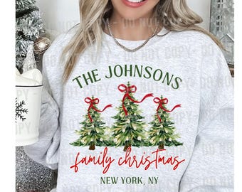 Personalized Family Christmas Sweatshirt, Custom Family Name Christmas Crewneck, Christmas Tree Holiday Sweatshirt, Custom Location Gift