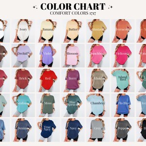 The image is a color chart displaying various comfort colors, including white, ivory, banana, butter, mustard, terracotta, yam, Espresso, orchid, violet, blossom, crunchberry, helioma, watermelon, island red, light green, blue, moss, chambrey, flo blue, and ice blue.