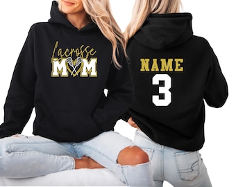 Glitter Lacrosse Mom Hoodie Custom Name and Number Lacrosse Mom Sweatshirt Gift for Sports Mom Team Mom Hoodie Game Day Apparel