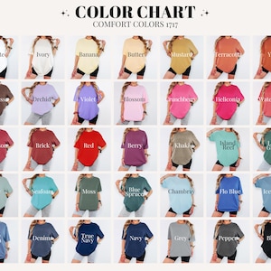 The image is a color chart displaying various comfort colors, including white, ivory, banana, butter, mustard, terracotta, yam, Espresso, orchid, violet, blossom, crunchberry, helioma, watermelon, island red, light green, blue, moss, chambrey, flo blue, and ice blue.