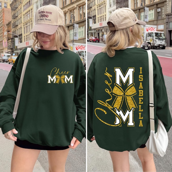Personalized Cheer Mom Sweatshirt with Gold Glitter Bow and Name | Custom Forest Green Spirit Crewneck | Cheerleading Game Day Gift for Moms