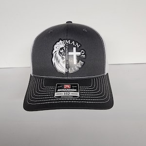 Man of Faith Christian Trucker Hat with Lion and Cross Design Bible Verse