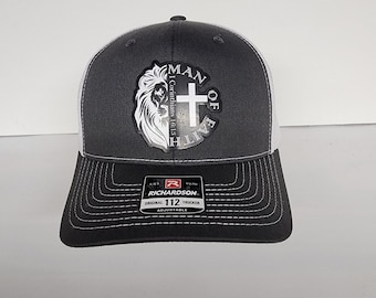 Man of Faith Christian Trucker Hat with Lion and Cross Design Bible Verse