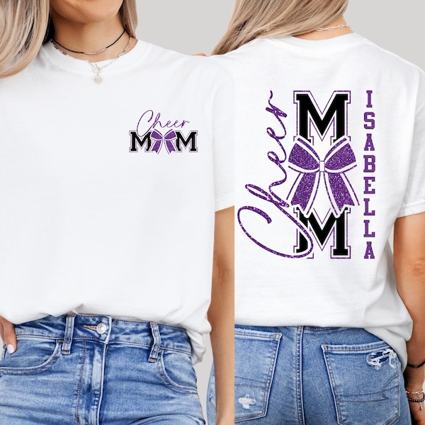 Personalized Cheer Mom T-Shirt with Purple Glitter Bow and Custom Name | Custom Cheerleading Shirt for Game Day, Proud Spirit Squad Mom Gift