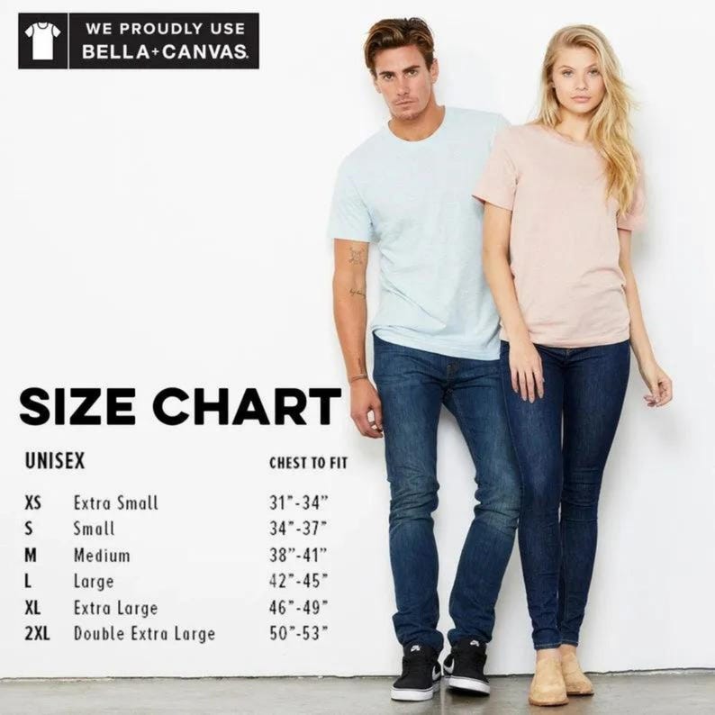 a man and a woman standing next to each other, posing for a size chart. The chart provides measurements for different sizes of t-shirts, including "XS", "S", "SM", "M", "L", "XL", and "2XL".