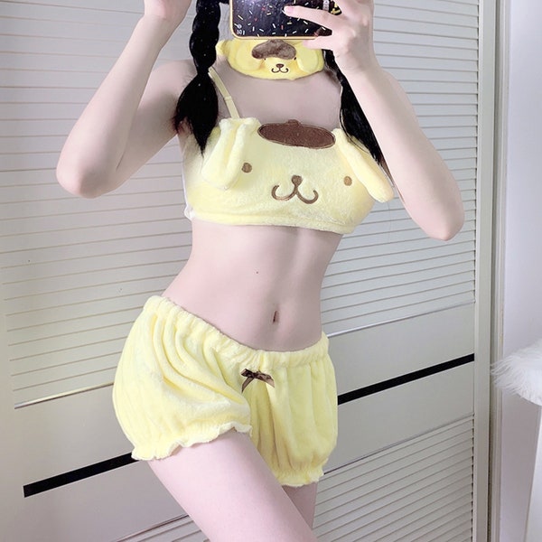 Mignon velours Pyjama Set pour Femmes Tube Top & Shorts Anime Long Ear Doggy Cosplay Costume